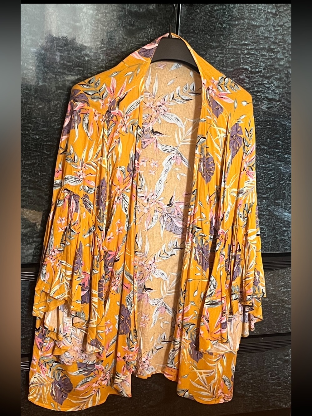 Floral Open-Front Kimono in Mustard Yellow